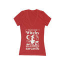 Printify red womens v neck tee with white witch silhouette moon stars cat design eco-friendly witchy graphic tee