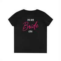 Printify black short sleeve tee back print In my Bride era in pink script eco-friendly bride t-shirt