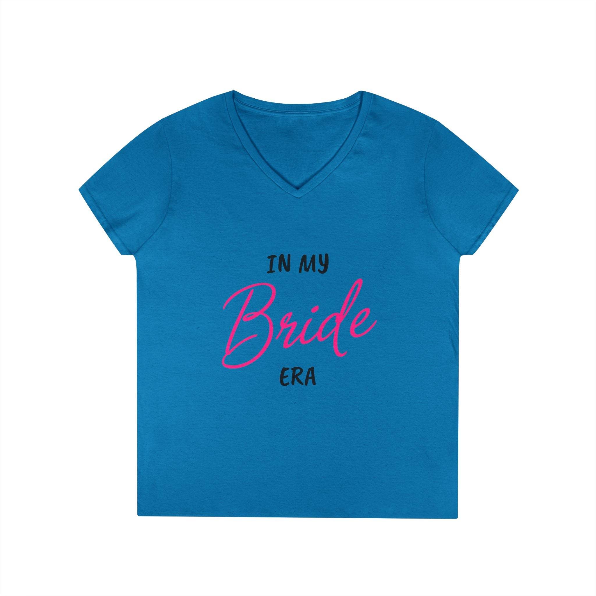 Printify blue v neck womens t shirt with In my Bride Era pink script design eco-friendly bride t-shirt