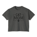 Printify eco-friendly cat mom shirt dark gray cropped tee with black CAT MOM text and paw print