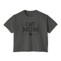 Printify eco-friendly cat mom shirt dark gray cropped tee with black CAT MOM text and paw print