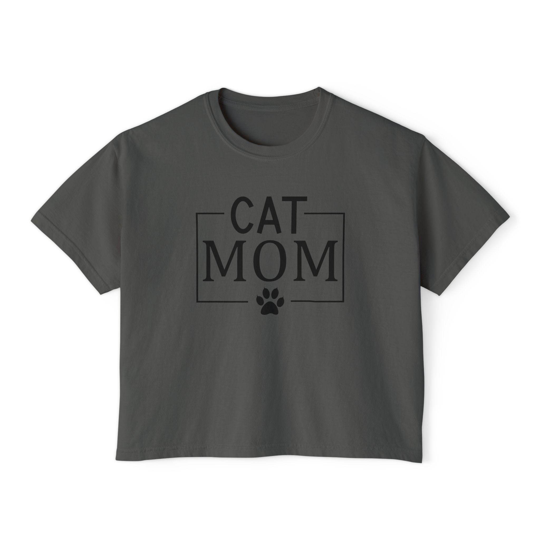 Printify eco-friendly cat mom shirt dark gray cropped tee with black CAT MOM text and paw print