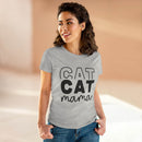 Woman wearing Printify gray tee with bold CAT CAT mama graphic eco-friendly cat mom shirt for casual pet lovers