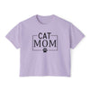 Printify lilac cropped crew neck eco-friendly cat mom shirt with black CAT MOM text and paw print