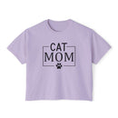 Printify lilac cropped crew neck eco-friendly cat mom shirt with black CAT MOM text and paw print
