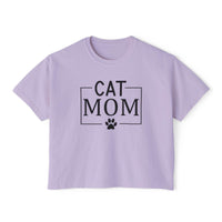 Printify lilac cropped crew neck eco-friendly cat mom shirt with black CAT MOM text and paw print