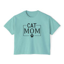 eco-friendly cat mom shirt Printify light teal cropped tee with black CAT MOM text and paw print