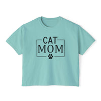 eco-friendly cat mom shirt Printify light teal cropped tee with black CAT MOM text and paw print