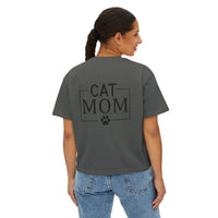 Woman wearing gray cropped eco-friendly cat mom shirt with CAT MOM block print and paw graphic