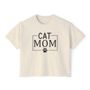 Printify cream cropped tee with black CAT MOM text and paw print graphic eco-friendly cat mom shirt