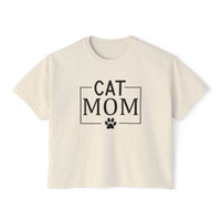 Printify cream cropped tee with black CAT MOM text and paw print graphic eco-friendly cat mom shirt