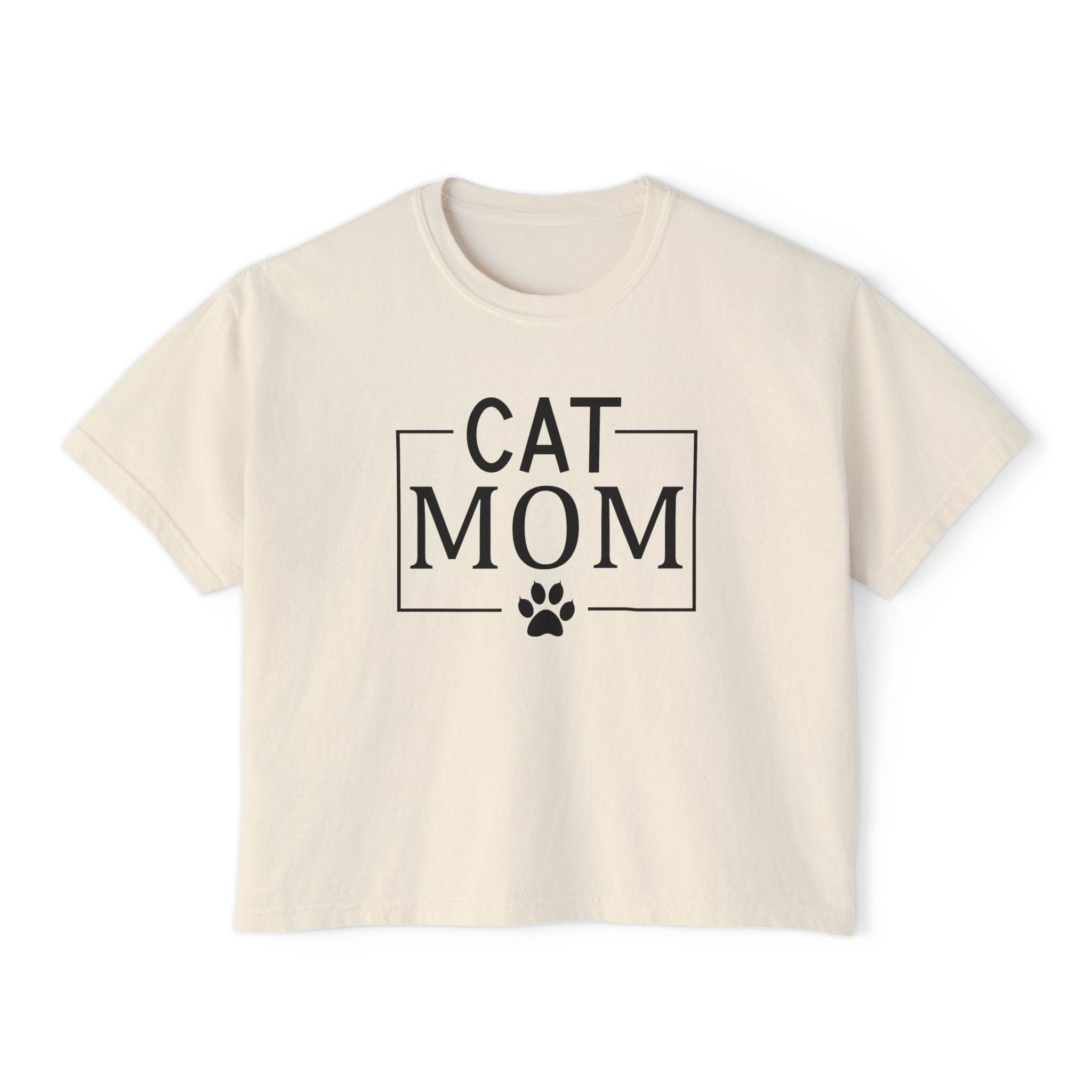 Printify cream cropped tee with black CAT MOM text and paw print graphic eco-friendly cat mom shirt