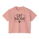 Printify pink cropped tee with black CAT MOM box graphic and paw print eco-friendly cat mom shirt