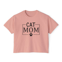 Printify pink cropped tee with black CAT MOM box graphic and paw print eco-friendly cat mom shirt