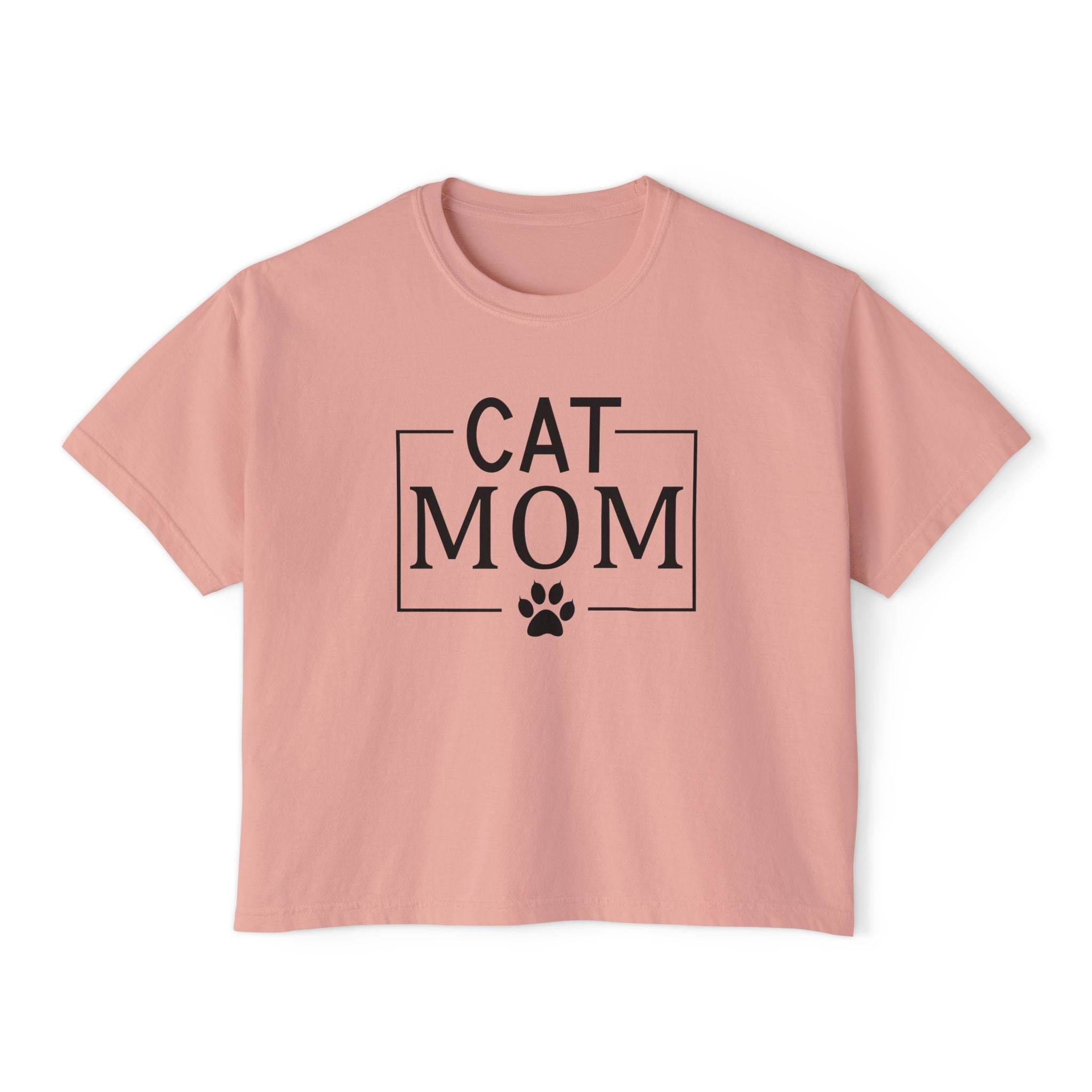 Printify pink cropped tee with black CAT MOM box graphic and paw print eco-friendly cat mom shirt