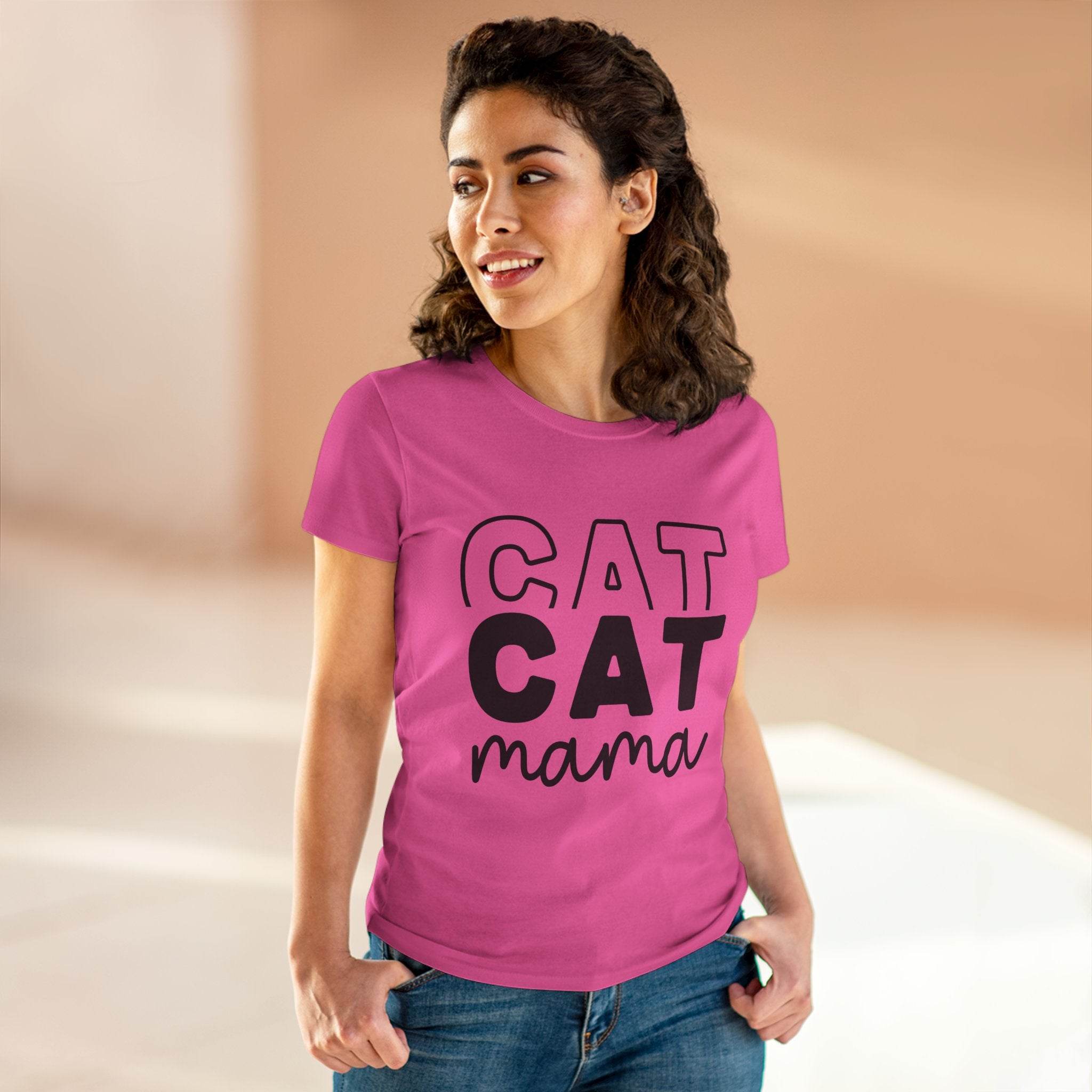 Printify pink eco-friendly cat mom shirt worn by smiling woman with bold CAT CAT mama print and casual fit