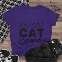 Purple Printify t shirt with black CAT CAT mama design styled with jeans and sneakers eco-friendly cat mom shirt