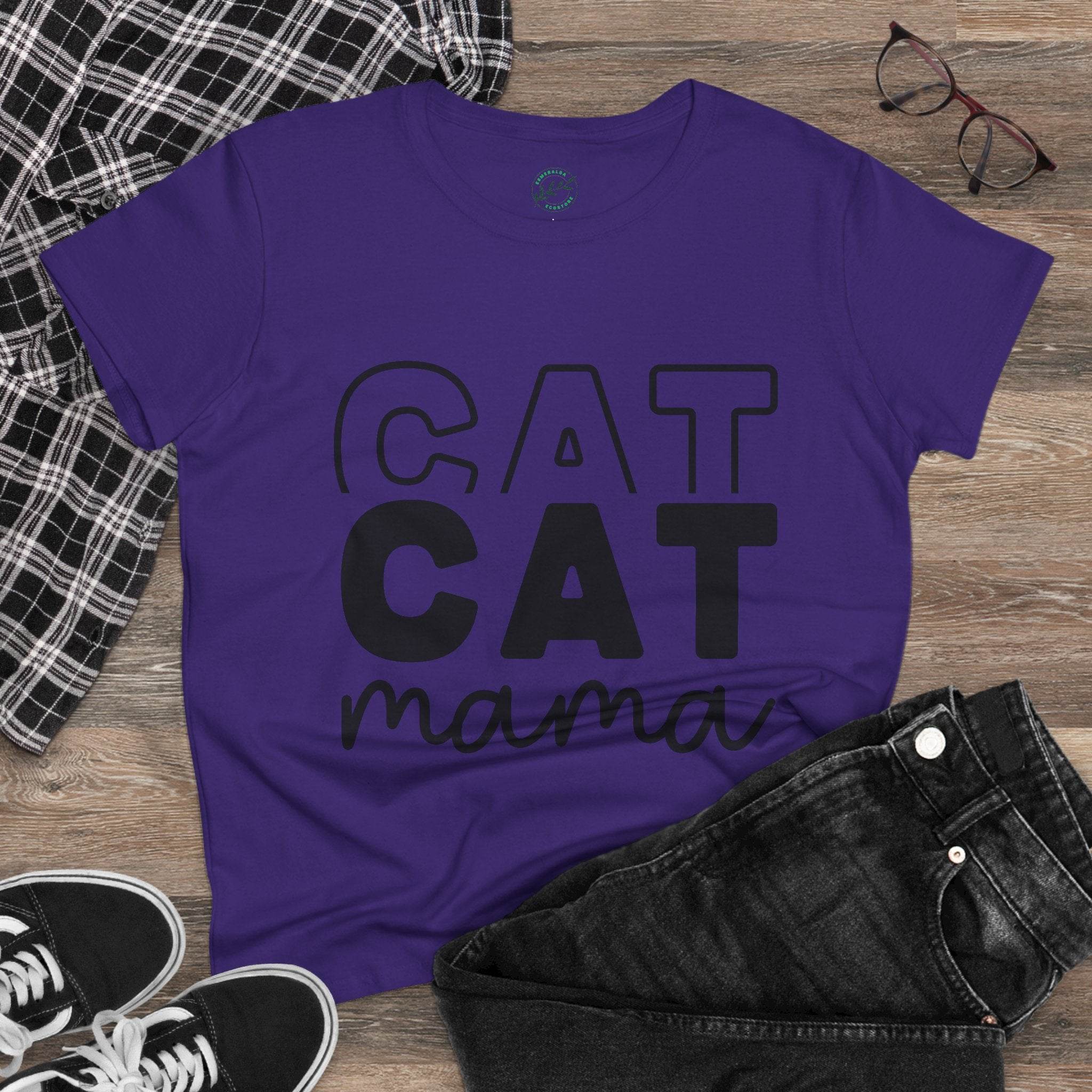 Purple Printify t shirt with black CAT CAT mama design styled with jeans and sneakers eco-friendly cat mom shirt