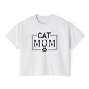 Printify white cropped tee with black CAT MOM box design and paw print eco-friendly cat mom shirt