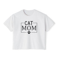 Printify white cropped tee with black CAT MOM box design and paw print eco-friendly cat mom shirt