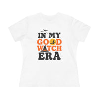 Printify white womens t shirt with IN MY GOOD WITCH ERA orange black witch design bats moon eco friendly halloween t shirt women