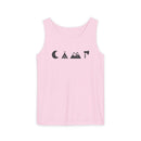 Printify pink eco-friendly unisex tank top with minimalist black camping icons moon tent mountains and axe