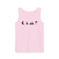 Printify pink eco-friendly unisex tank top with minimalist black camping icons moon tent mountains and axe