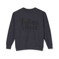 Printify dark gray crewneck sweatshirt with Future Mrs script print on front eco-friendly bridal sweatshirt