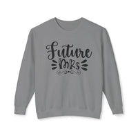 Printify gray crewneck eco-friendly bridal sweatshirt with Future Mrs script and decorative flourishes