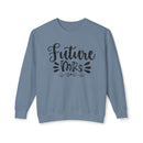 Printify blue crewneck sweatshirt with black Future Mrs script design eco-friendly bridal sweatshirt for wedding prep