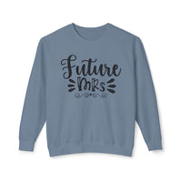 Printify blue crewneck sweatshirt with black Future Mrs script design eco-friendly bridal sweatshirt for wedding prep