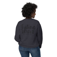 Printify charcoal sweatshirt back view with Future Mrs script on womens eco-friendly bridal sweatshirt