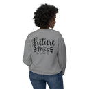 Printify gray sweatshirt back view with scripted Future Mrs print on model eco-friendly bridal sweatshirt