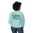 Printify mint green sweatshirt back view with Future Mrs black script worn by model eco-friendly bridal sweatshirt