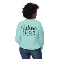 Printify mint green sweatshirt back view with Future Mrs black script worn by model eco-friendly bridal sweatshirt