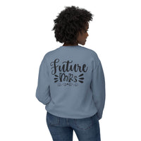 Printify eco-friendly bridal sweatshirt blue crewneck with Future Mrs script on back and model wearing jeans