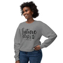 Printify gray sweatshirt worn by smiling woman with Future Mrs script design eco-friendly bridal sweatshirt