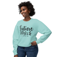 Smiling woman wearing a mint crewneck Printify eco-friendly bridal sweatshirt reading Future Mrs in black script