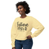 Printify pale yellow sweatshirt with Future Mrs script worn by smiling model eco-friendly bridal sweatshirt
