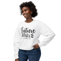 Printify eco-friendly bridal sweatshirt white Future Mrs graphic crewneck on smiling model casual fit
