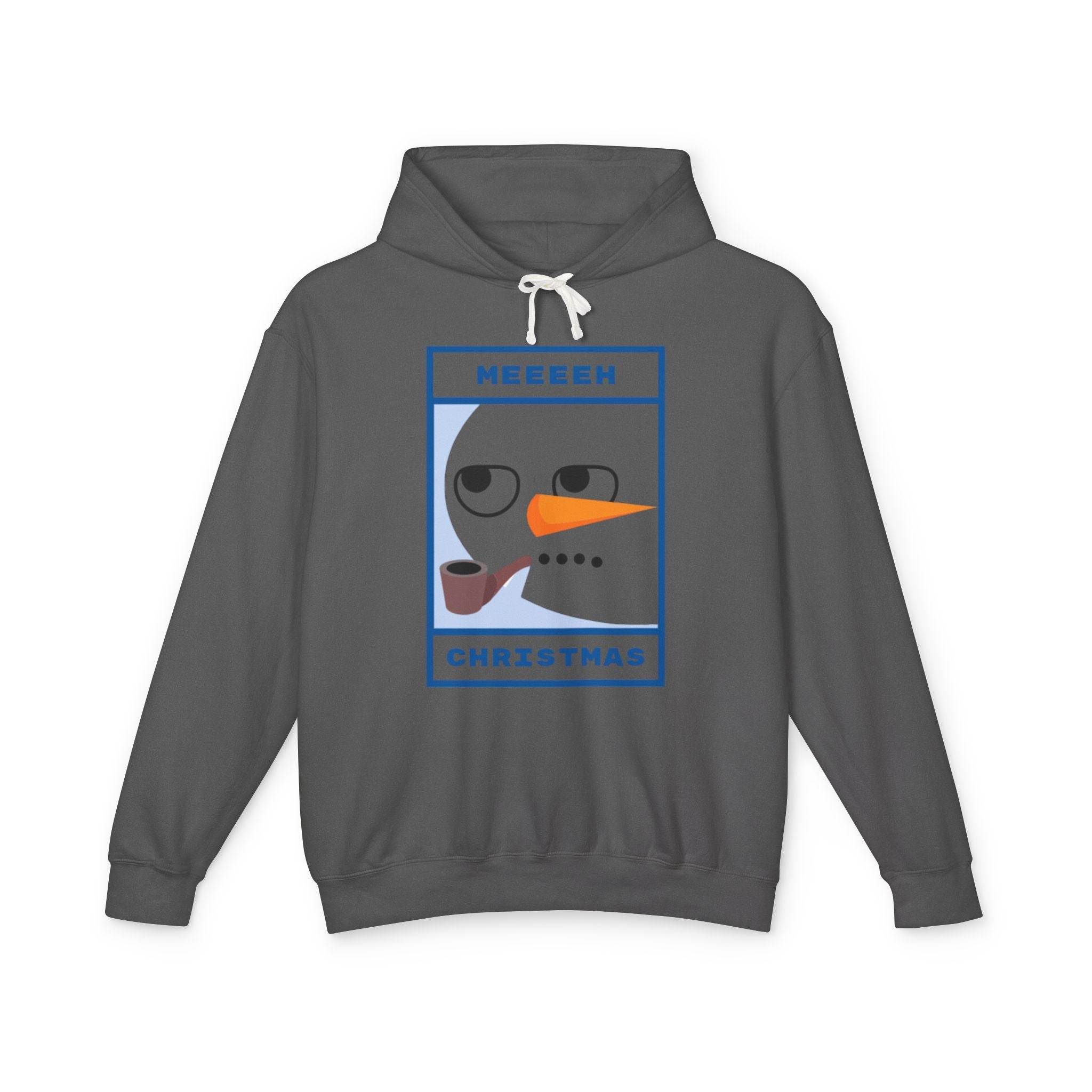 Printify eco-friendly ugly Christmas hoodie charcoal with minimalist snowman face, carrot nose and smoking pipe