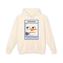 Printify cream hoodie with graphic snowman face and pipe reading MEEEEH CHRISTMAS eco-friendly ugly Christmas hoodie