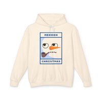 Printify cream hoodie with graphic snowman face and pipe reading MEEEEH CHRISTMAS eco-friendly ugly Christmas hoodie