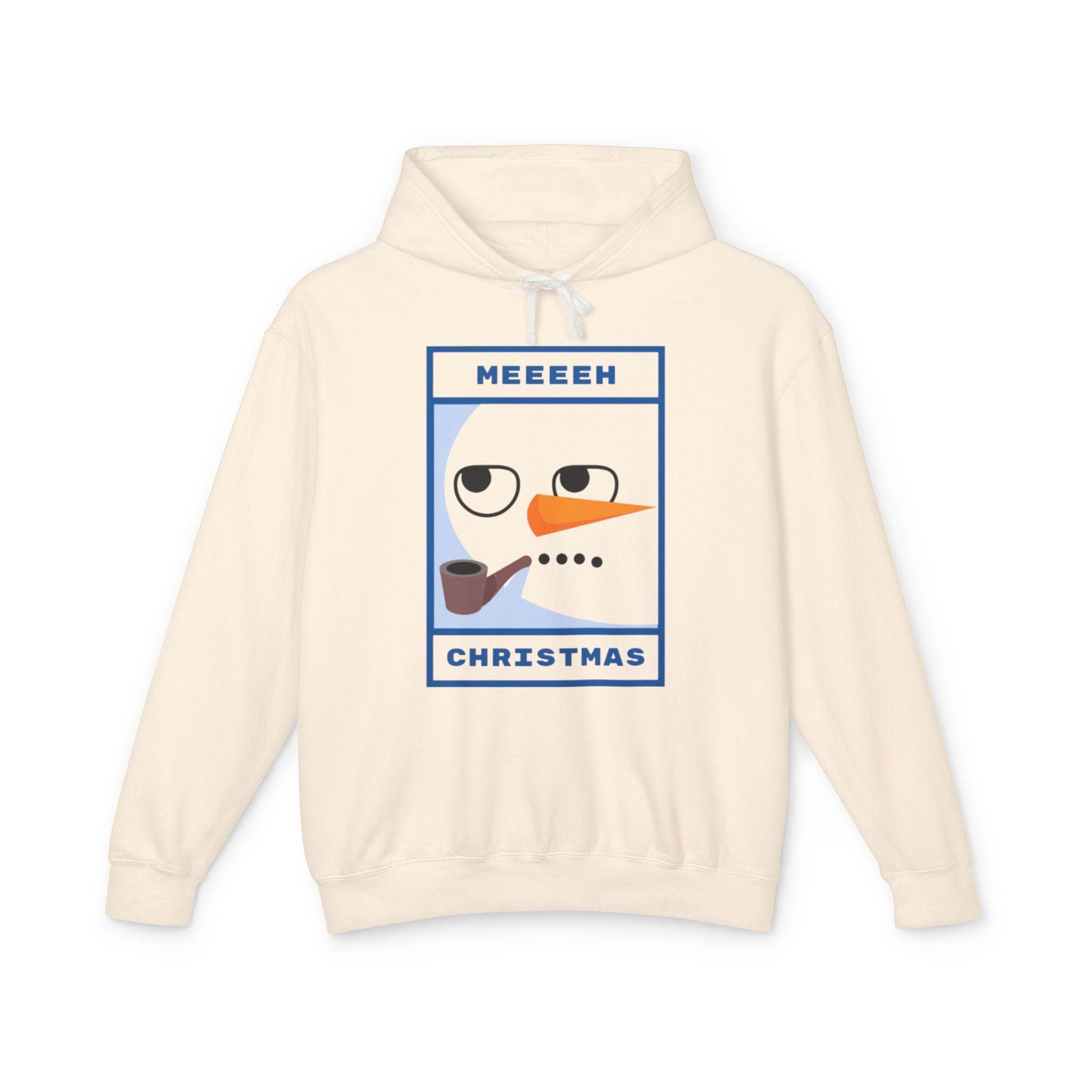 Printify cream hoodie with graphic snowman face and pipe reading MEEEEH CHRISTMAS eco-friendly ugly Christmas hoodie