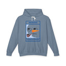 Printify eco-friendly ugly Christmas hoodie in slate blue featuring bored snowman graphic with pipe and MEEEEH text