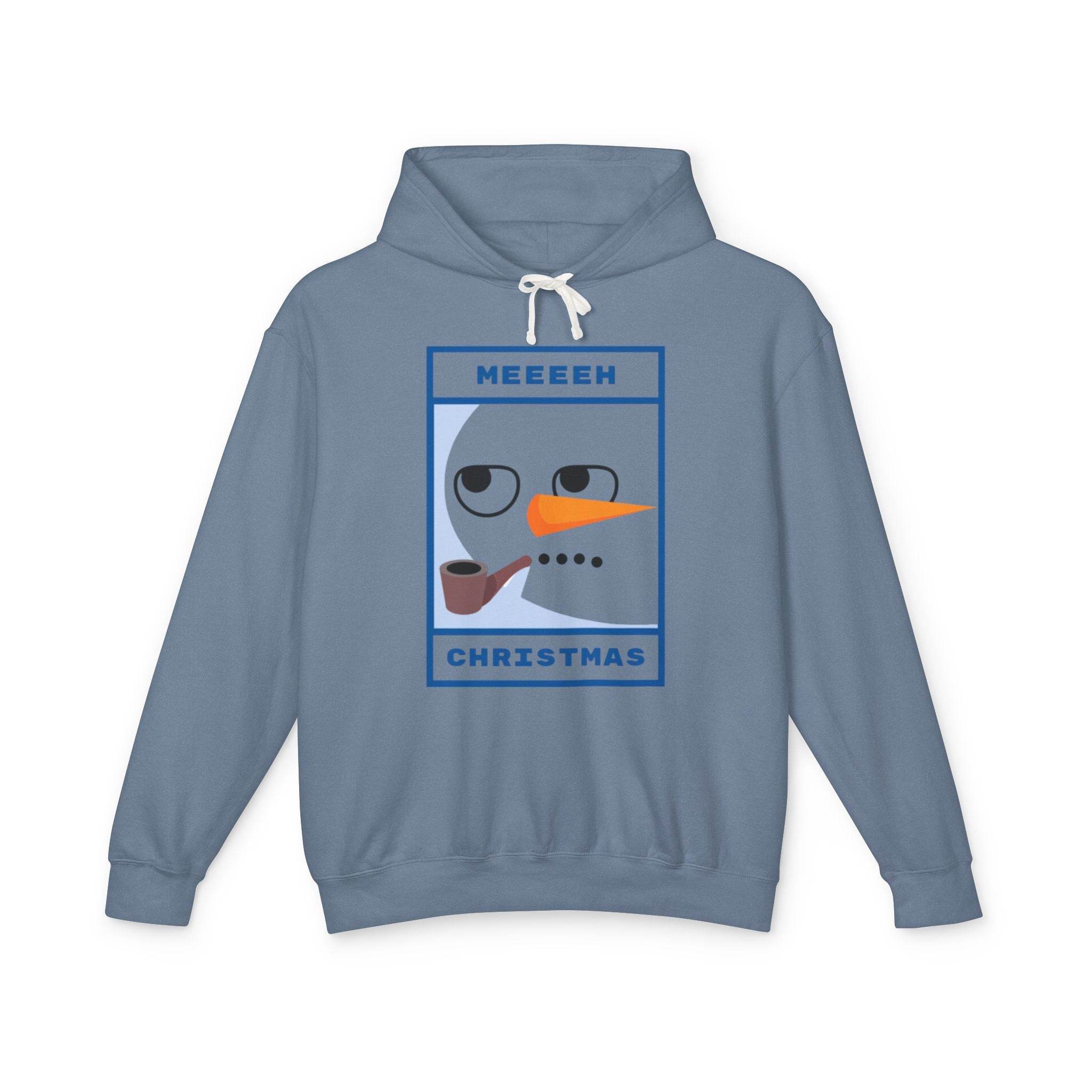 Printify eco-friendly ugly Christmas hoodie in slate blue featuring bored snowman graphic with pipe and MEEEEH text