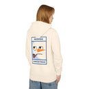Printify cream hoodie with back snowman graphic and text, modeled from back, eco-friendly ugly Christmas hoodie