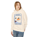 Printify cream hoodie with cartoon snowman face and pipe worn by model eco-friendly ugly Christmas hoodie