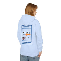 Printify light blue hoodie with back snowman graphic and pipe saying MEEEEH CHRISTMAS eco-friendly ugly Christmas hoodie
