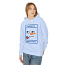 Printify model wearing light blue eco-friendly ugly Christmas hoodie with funny snowman face and pipe